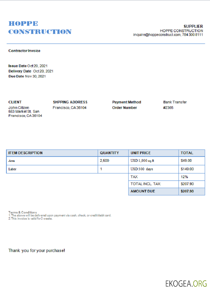Facture USA Hope Construction